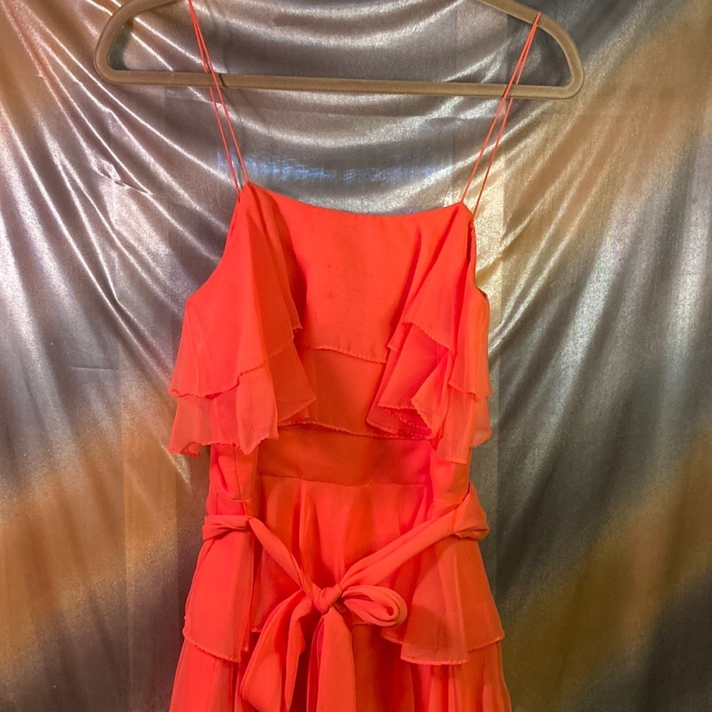 Vintage 1970’s orange tiered‎ chiffon formal dress with belt 34” chest 201